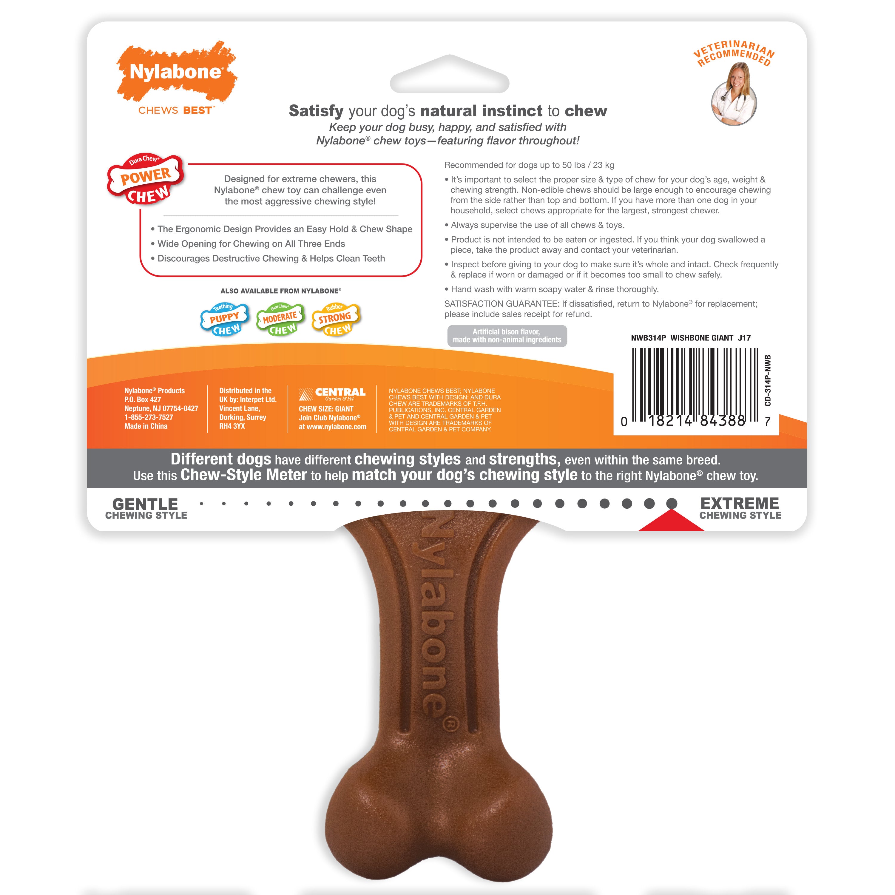 Nylabone Ergonomic Hold & Chew Wishbone Power Chew Durable Dog Toy Bison 1ea/Large/Giant - Up To 50 lb