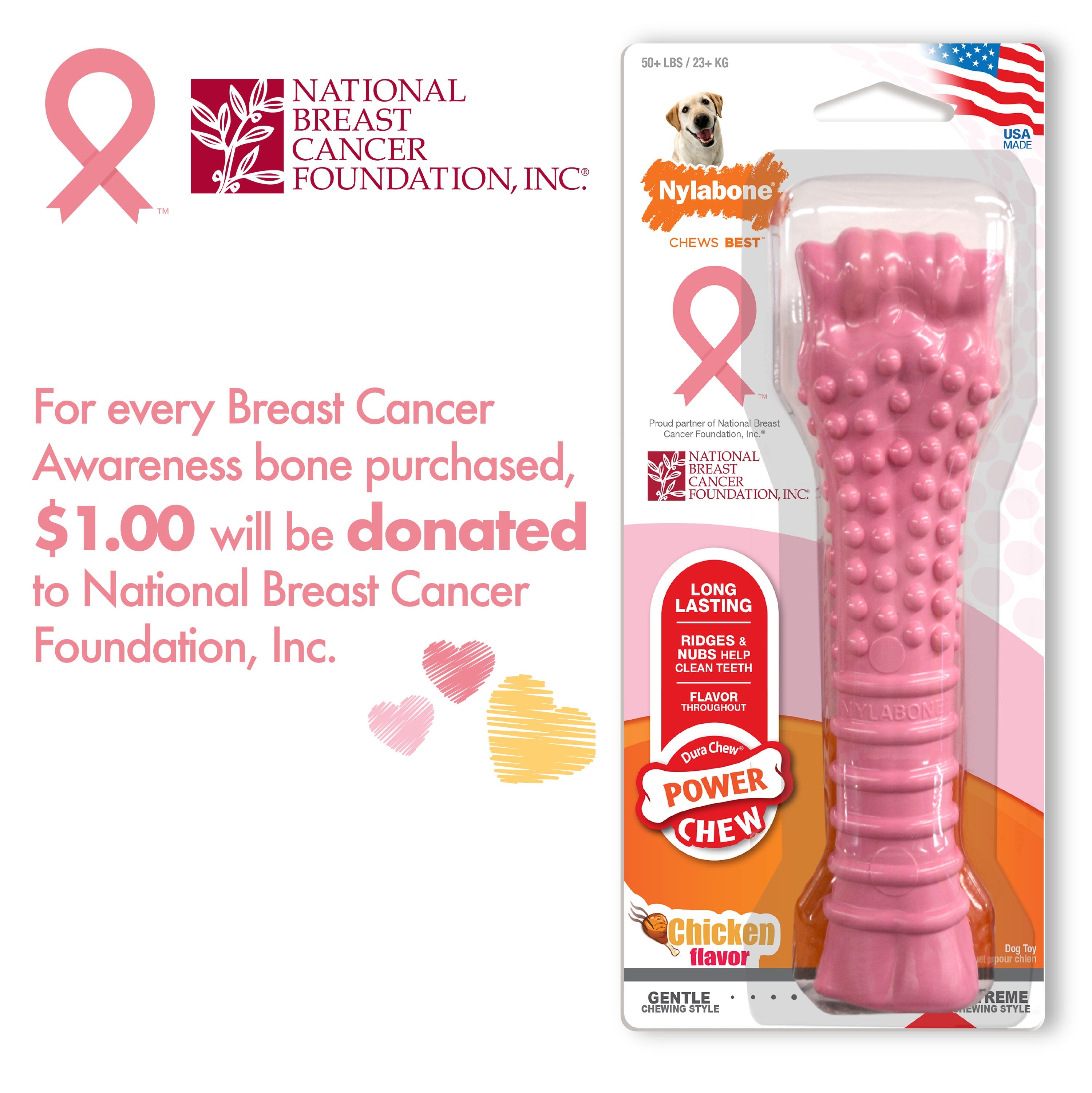 Nylabone Breast Cancer Awareness Pink Power Chew Textured Dog Toy Chicken 1ea/XL/Souper - 50+ lb