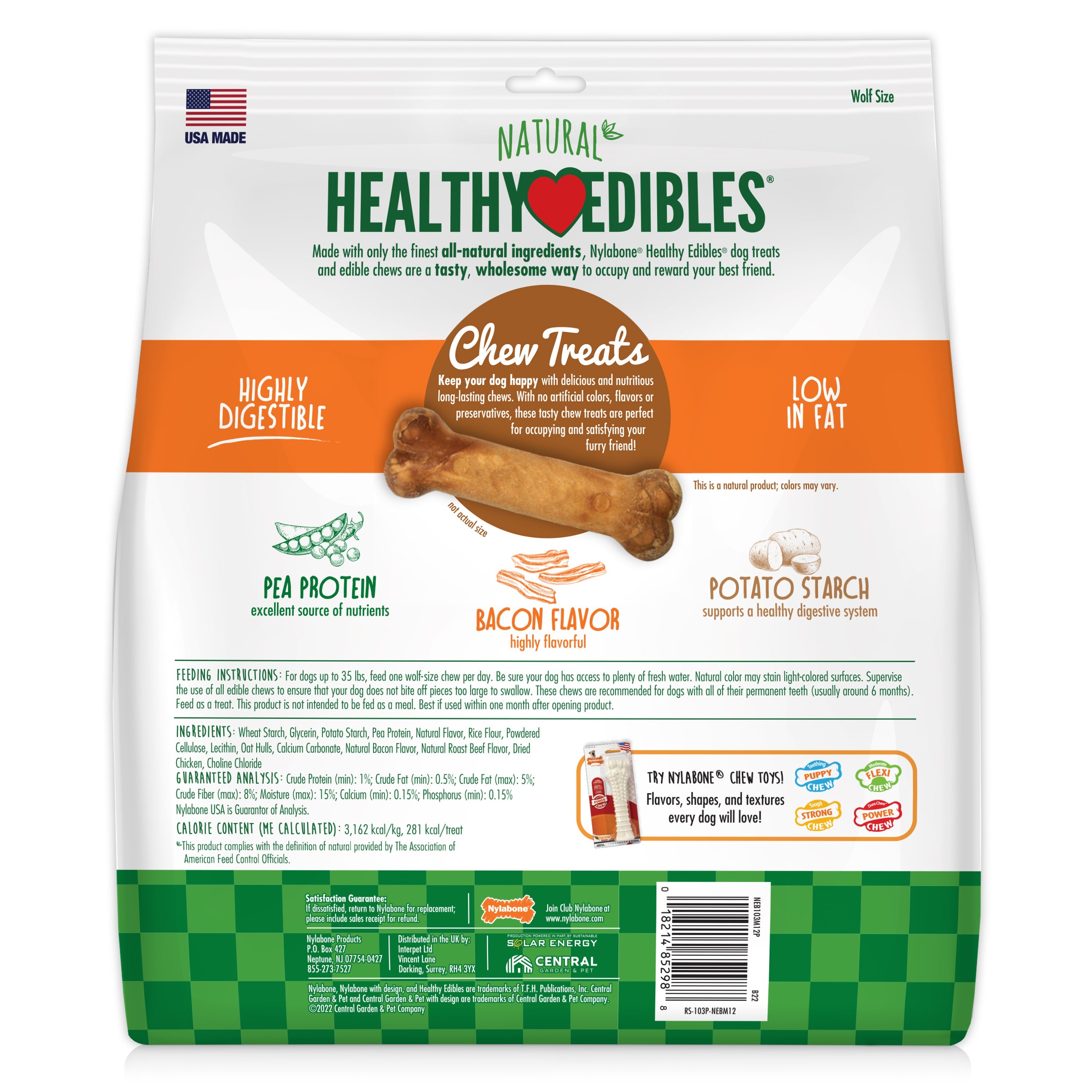 Nylabone Healthy Edibles AllNatural Long Lasting Bacon Chew Treats Bacon, Medium/Wolf  Up To 35 Lbs. 12 ct