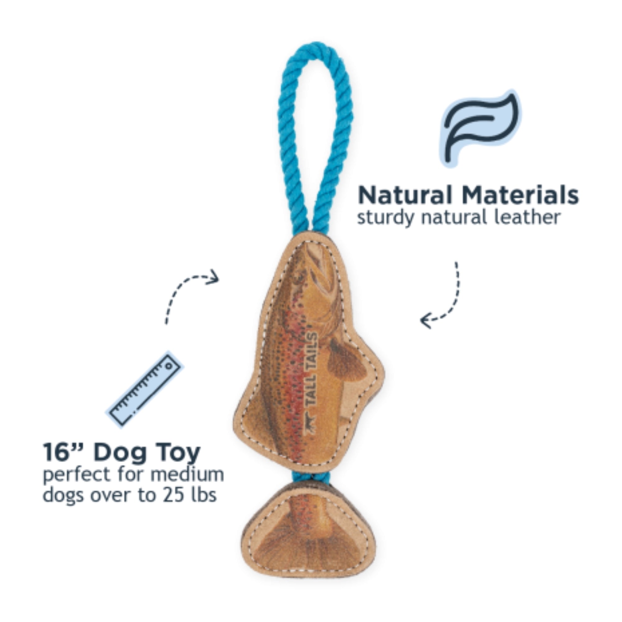 Tall Tails Dog Natural Leather Color Jointed Trout Tug, 16in.