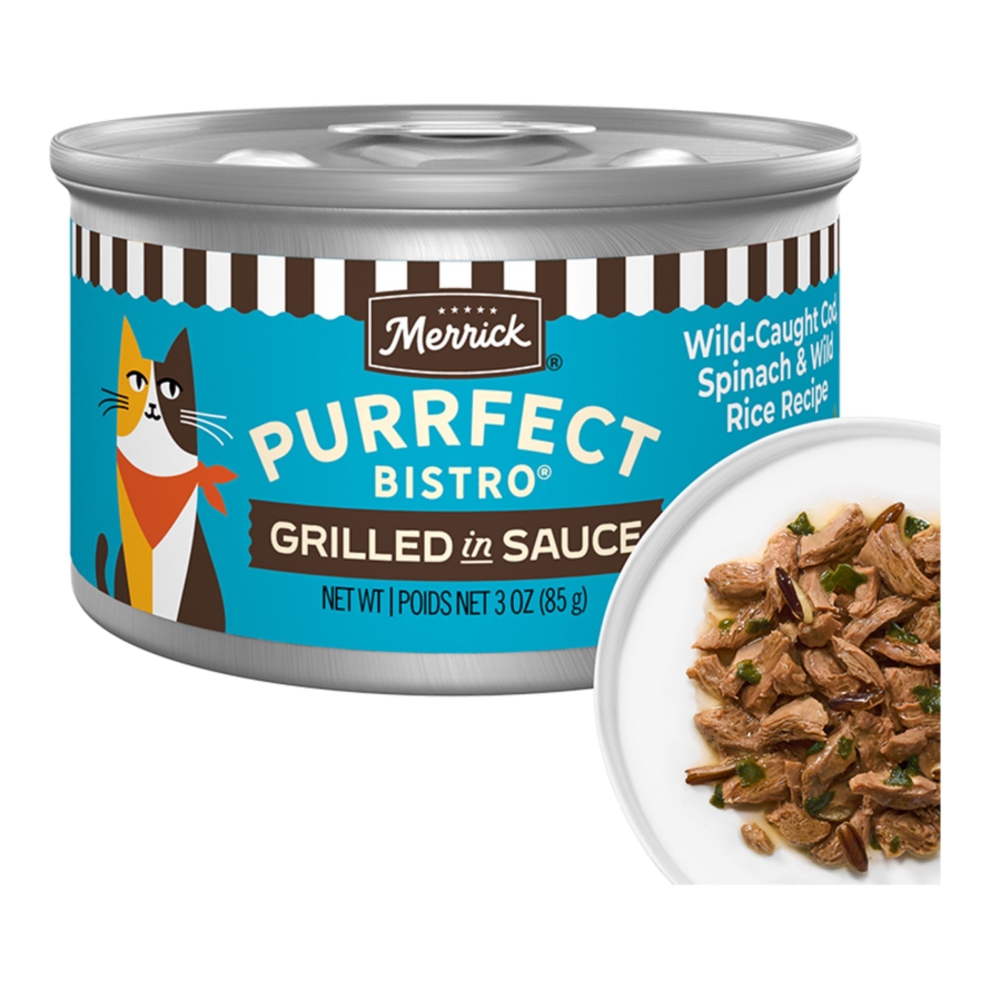 Merrick Cat Purrfect Bistro Delicious Premium High Protein  Wild Caught Cod Spinach And Wild Rice Recipe Grilled In Gravy 3oz. (Case of 24)