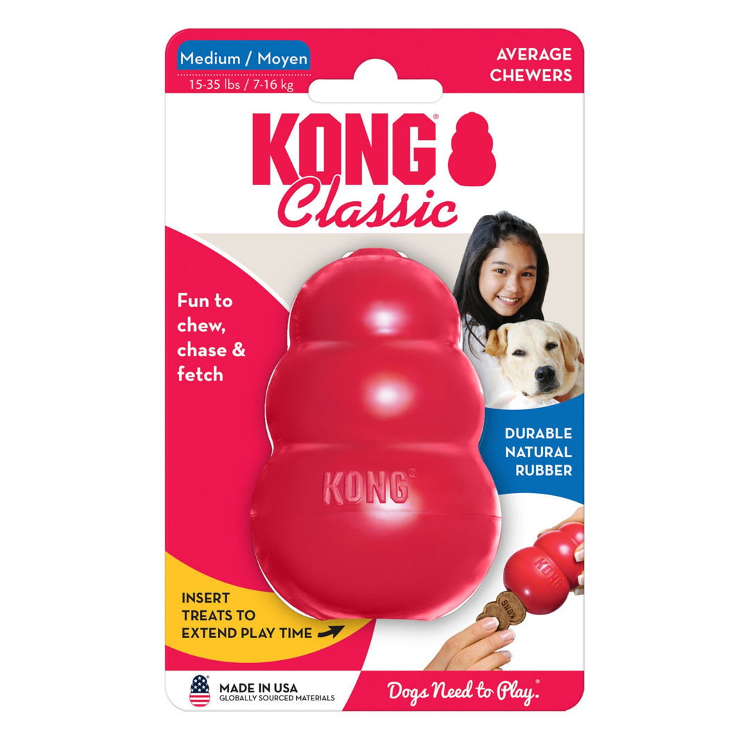 Kong Classic dog toy packaging with a red toy and text on a white background