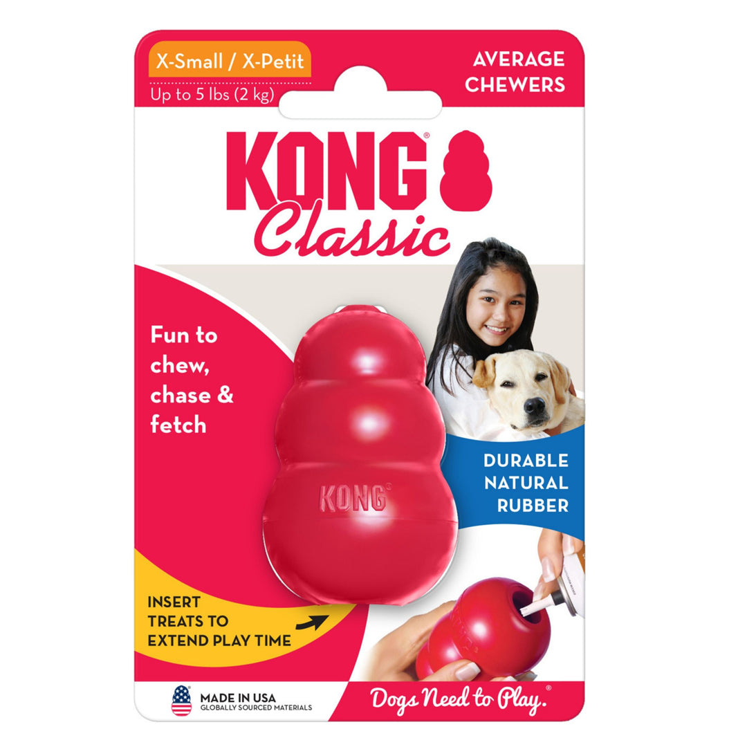 KONG Classic dog toy packaging with a red toy and text on a white background