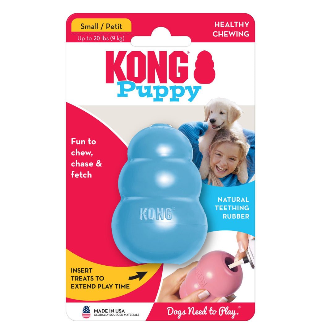 KONG Puppy dog toy packaging with a blue toy and text on a white background