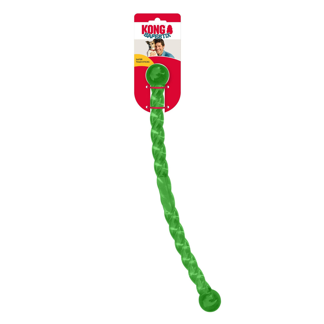 Green dog toy with packaging on a white background