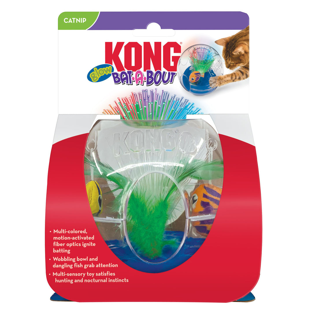 Kong Glow Bat-A-Bout cat toy packaging with a cat on the label