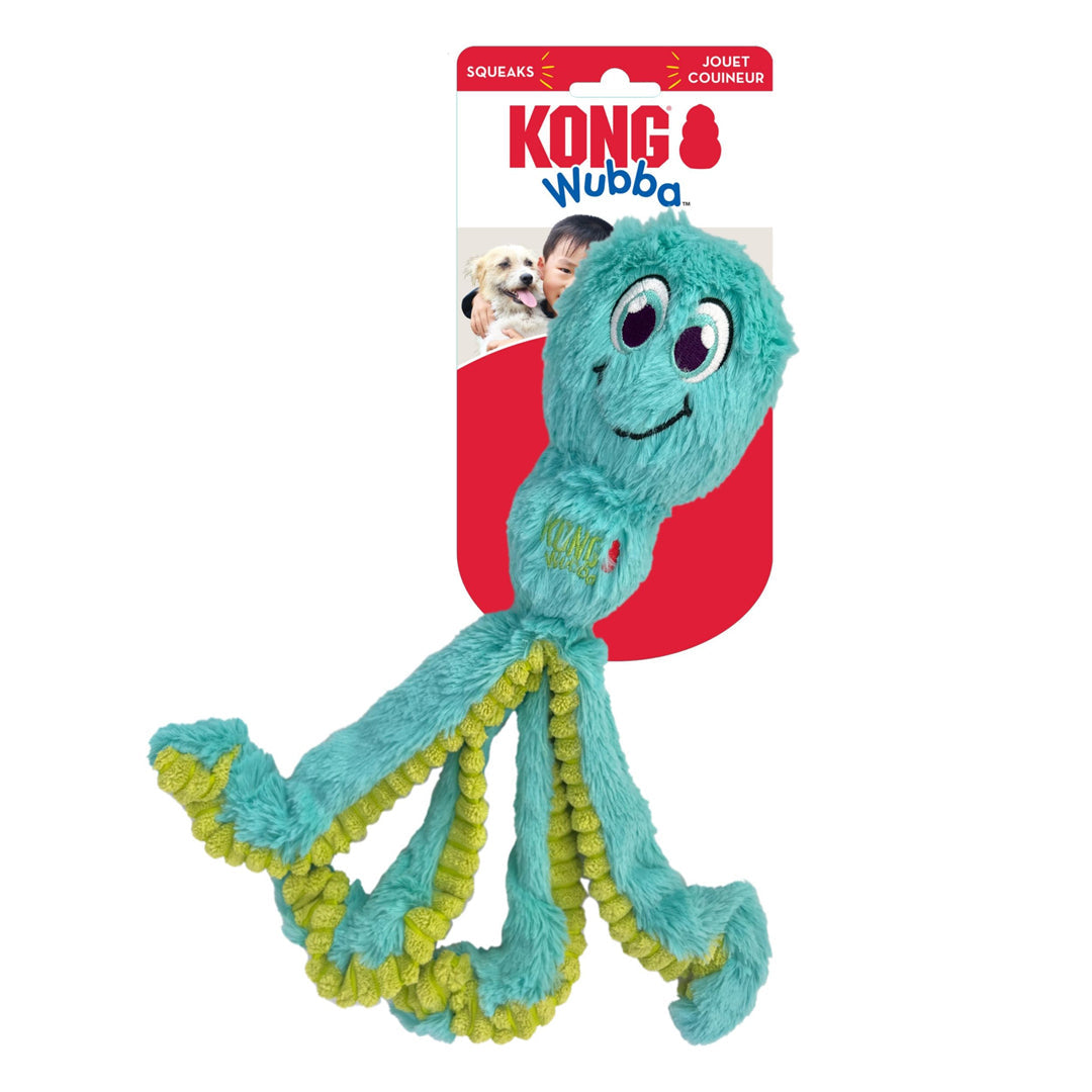 Kong Wubba dog toy with a red packaging background
