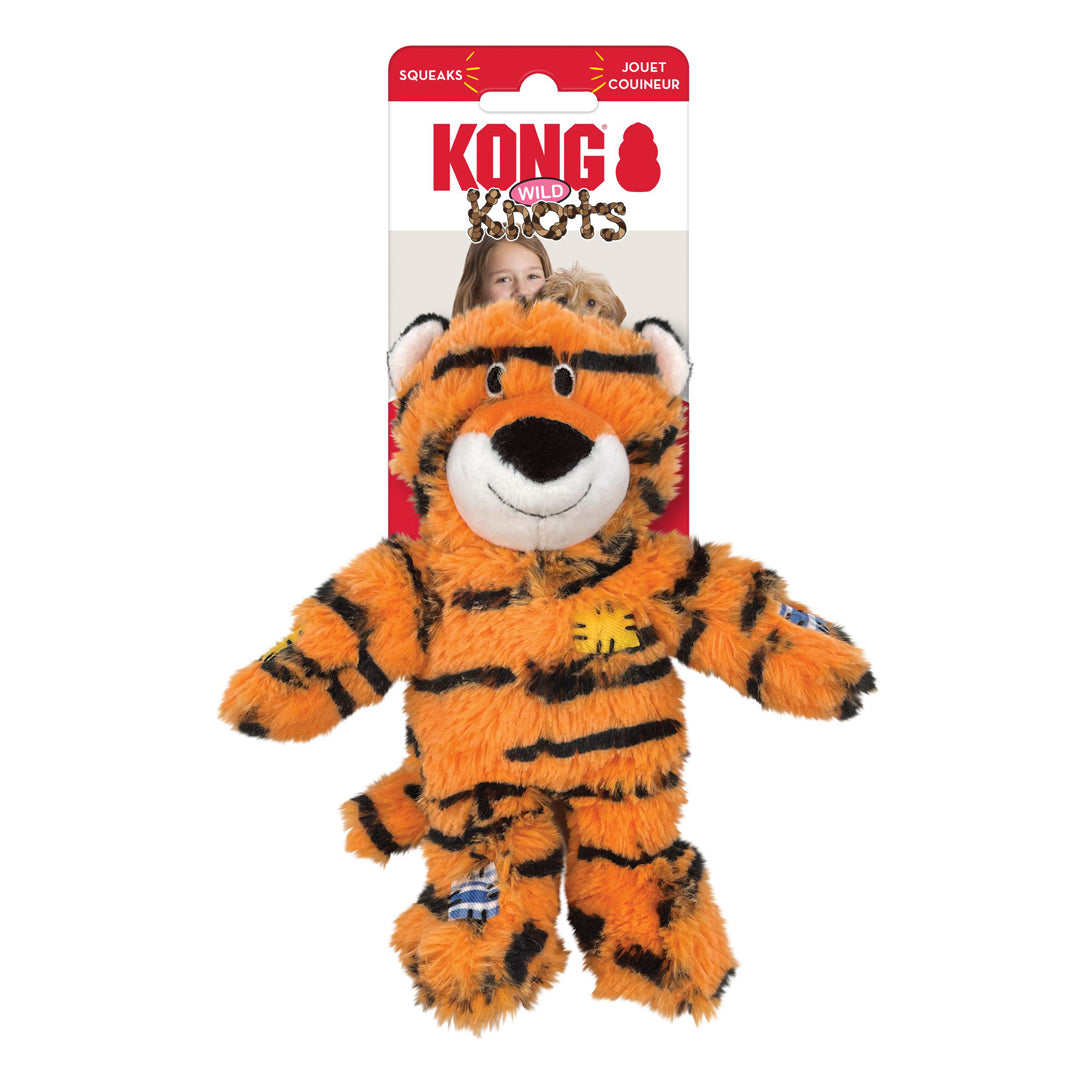 Kong Wild Knots tiger plush toy with packaging on a white background