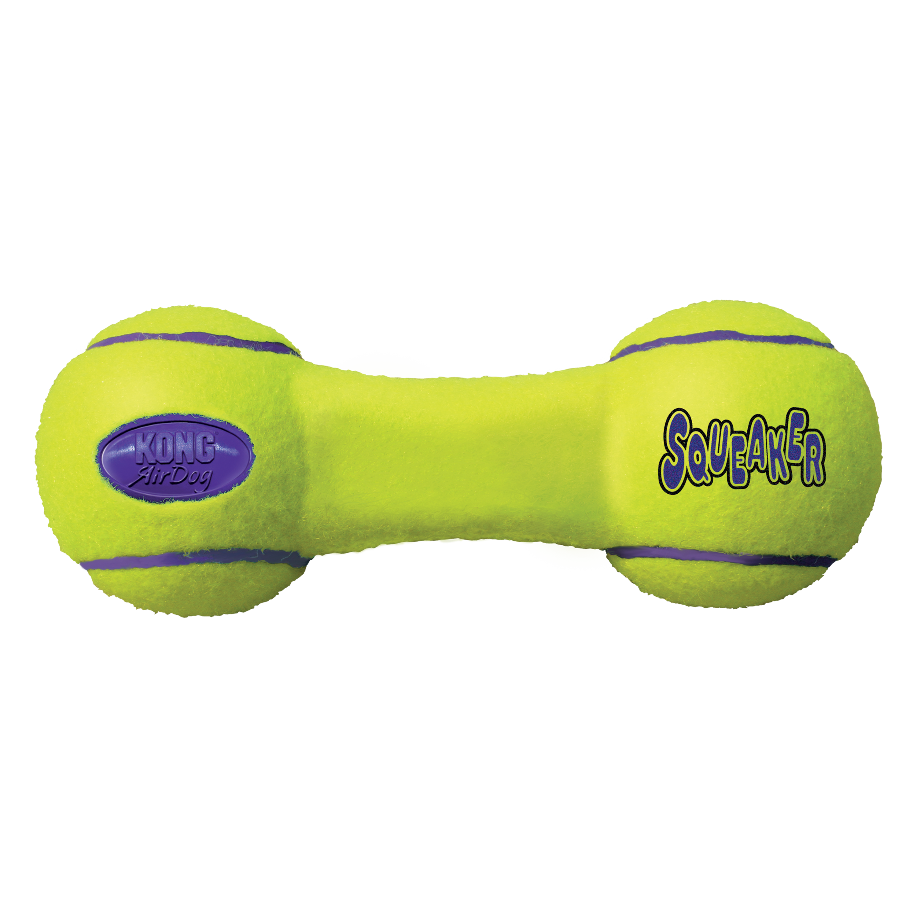 Green dog toy shaped like a dumbbell with 'KONG' branding on a white background