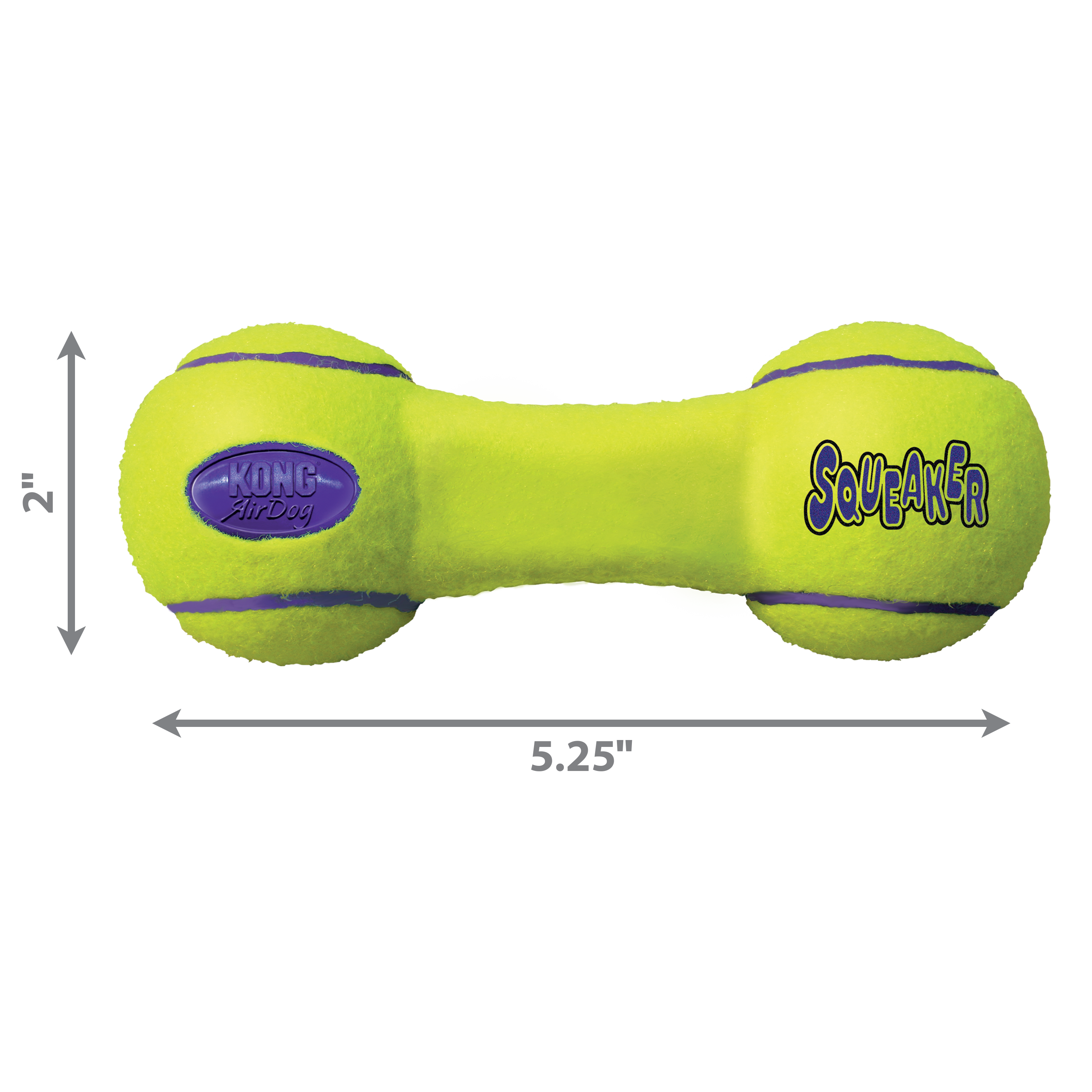 Yellow dog toy with purple accents labeled 'Squeaker' and dimensions on a white background