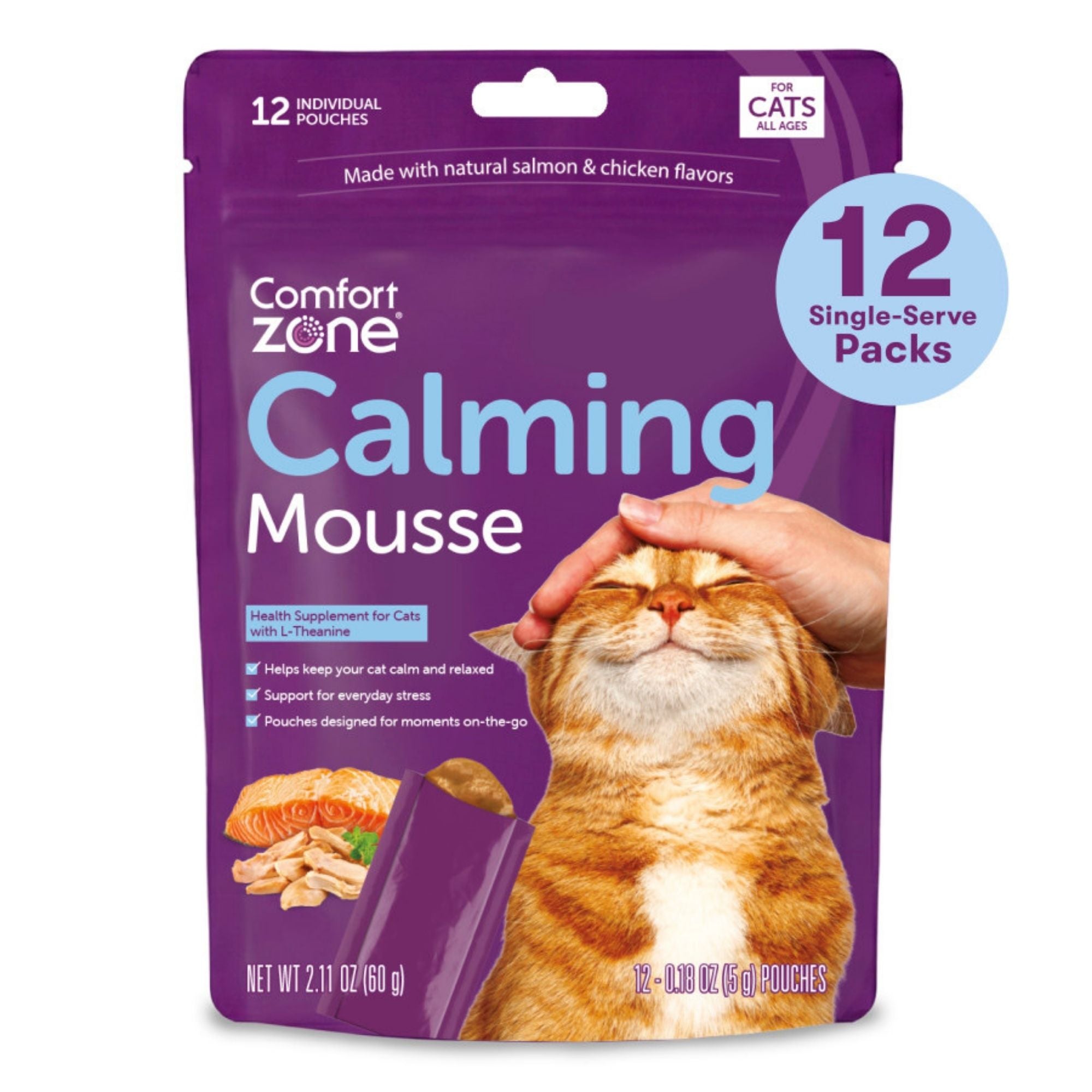 Comfort Zone Cat Calming Mousse; Lickable Cat Calming Supplement; Helps Support Calm for Everyday and Situational Stress; Drug-Free, Single Serve Pouches Cat Calming Mousse, 1ea/12 ct