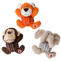 Three rope toys shaped like a lion, monkey, and elephant on a white background