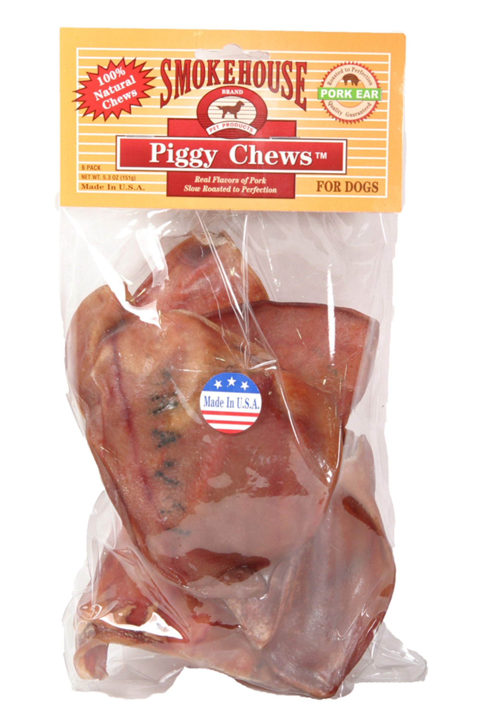 Package of Smokehouse Piggy Chews for dogs with a clear front showing the product.