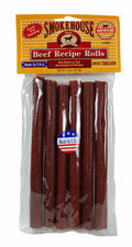 Package of Smokehouse Beef Recipe Rolls dog treats with visible branding and packaging details.