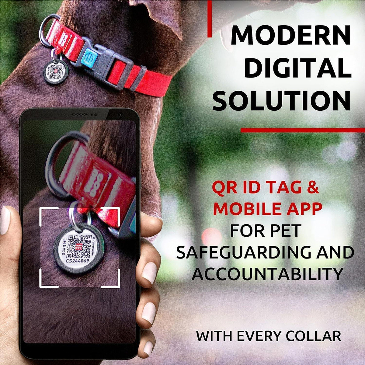 Waterproof Dog Collar Adjustable 17–28 in Neck x 1 3/5 in Wide Buckle & QR Tag Red