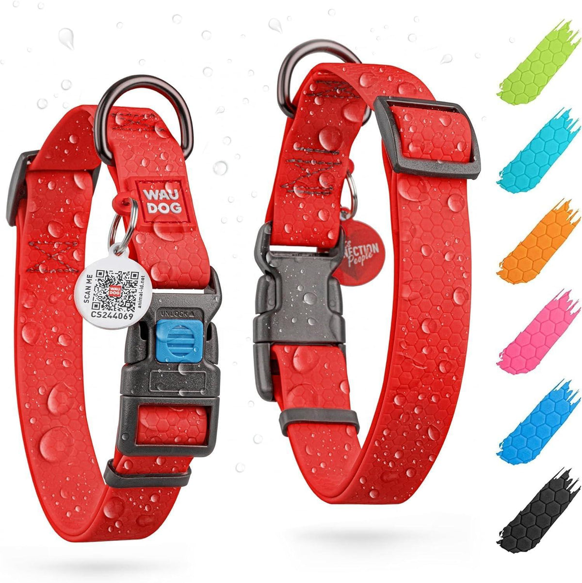 Waterproof Dog Collar Adjustable 17–28 in Neck x 1 3/5 in Wide Buckle & QR Tag Red