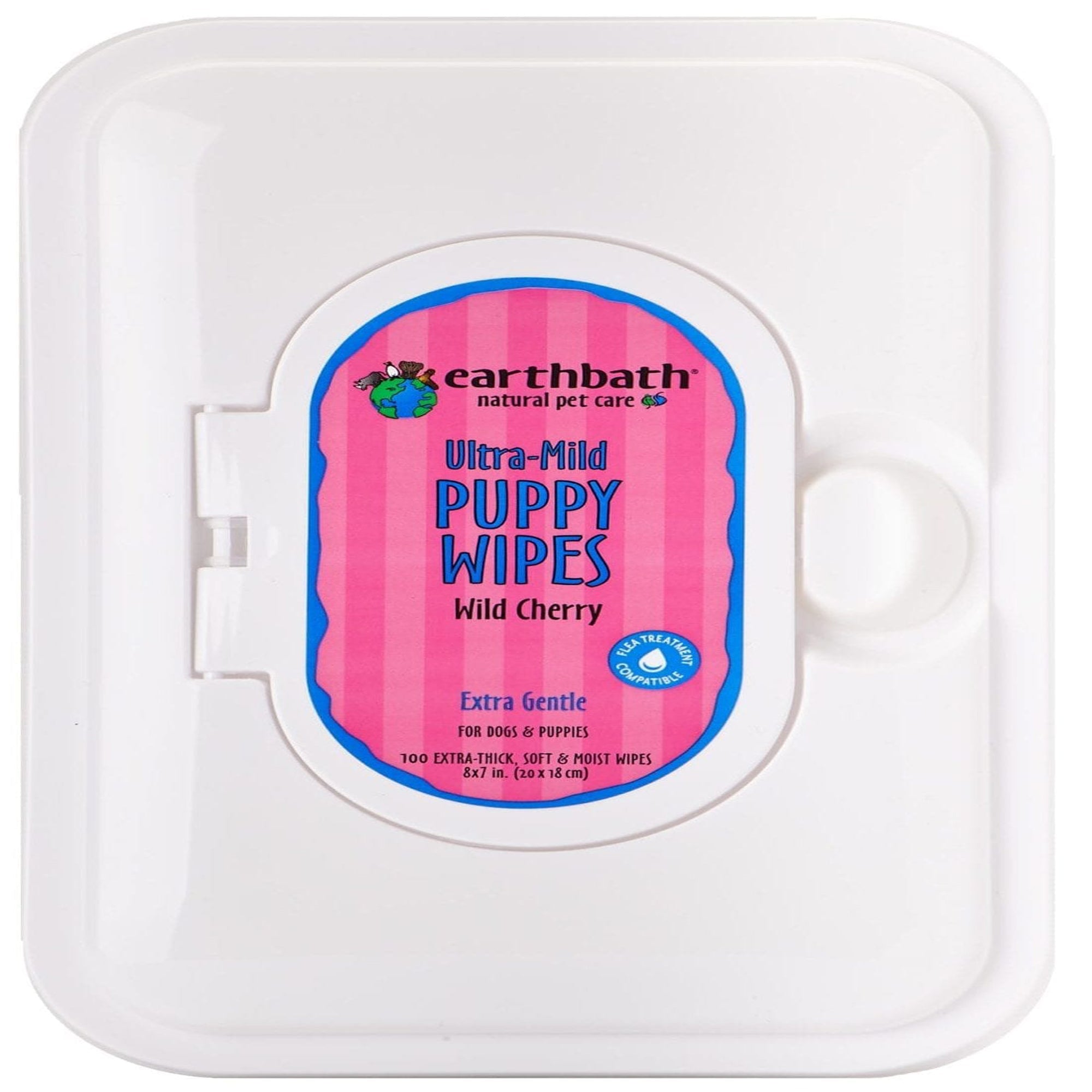 Earthbath Ultra-Mild Puppy Wipes packaging with pink label on a white background
