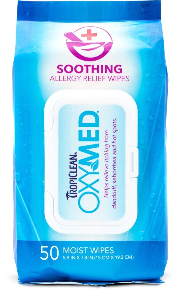 OxyMed tropical clean soothing allergy relief wipes packaging with blue and white design.