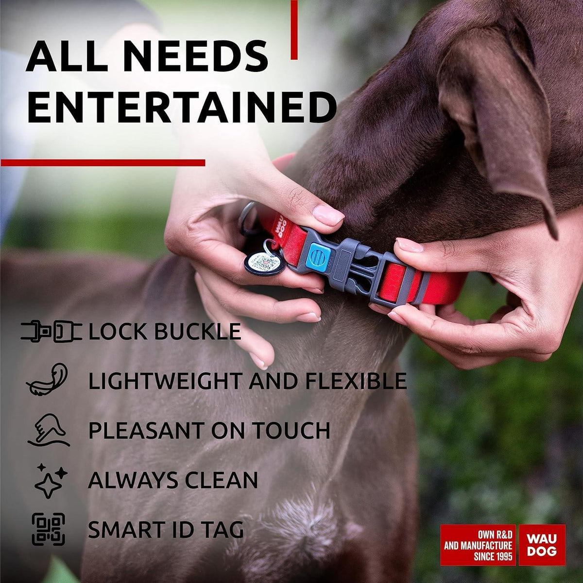 Waterproof Dog Collar Adjustable 17–28 in Neck x 1 3/5 in Wide Buckle & QR Tag Red