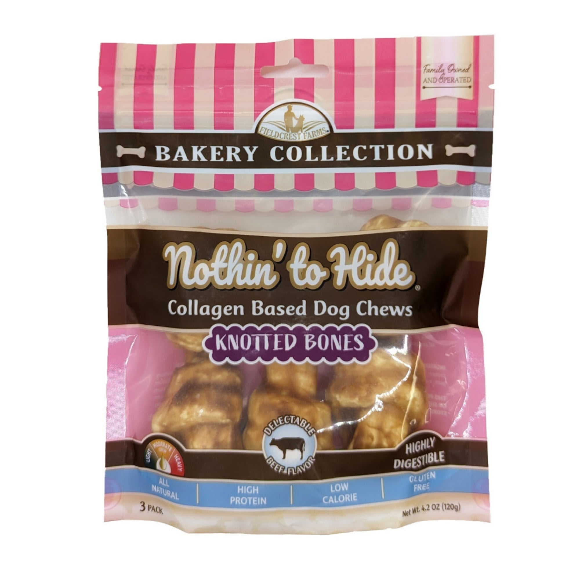Fieldcrest Farms Nothin' To Hide Bakery Collection Dog Treat Knotted Bone, Beef, blank/4 in, 3 pk