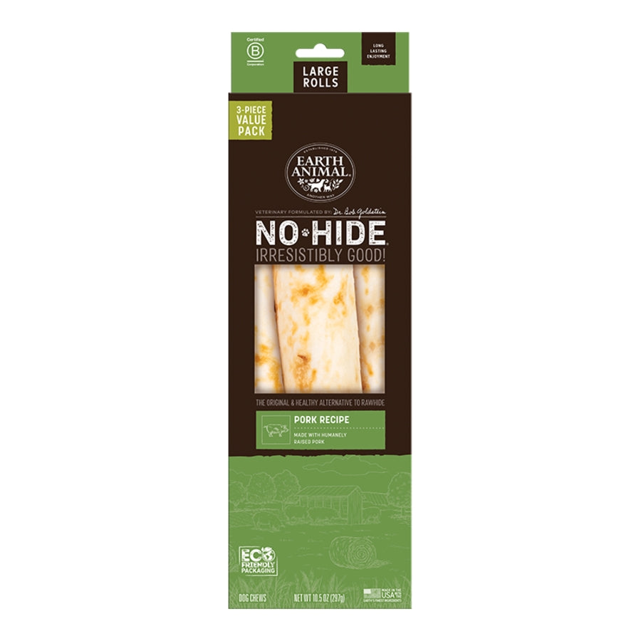 EARTH ANIMAL DOG NO-HIDE PORK ROLLS LARGE VALUE 3 PACK