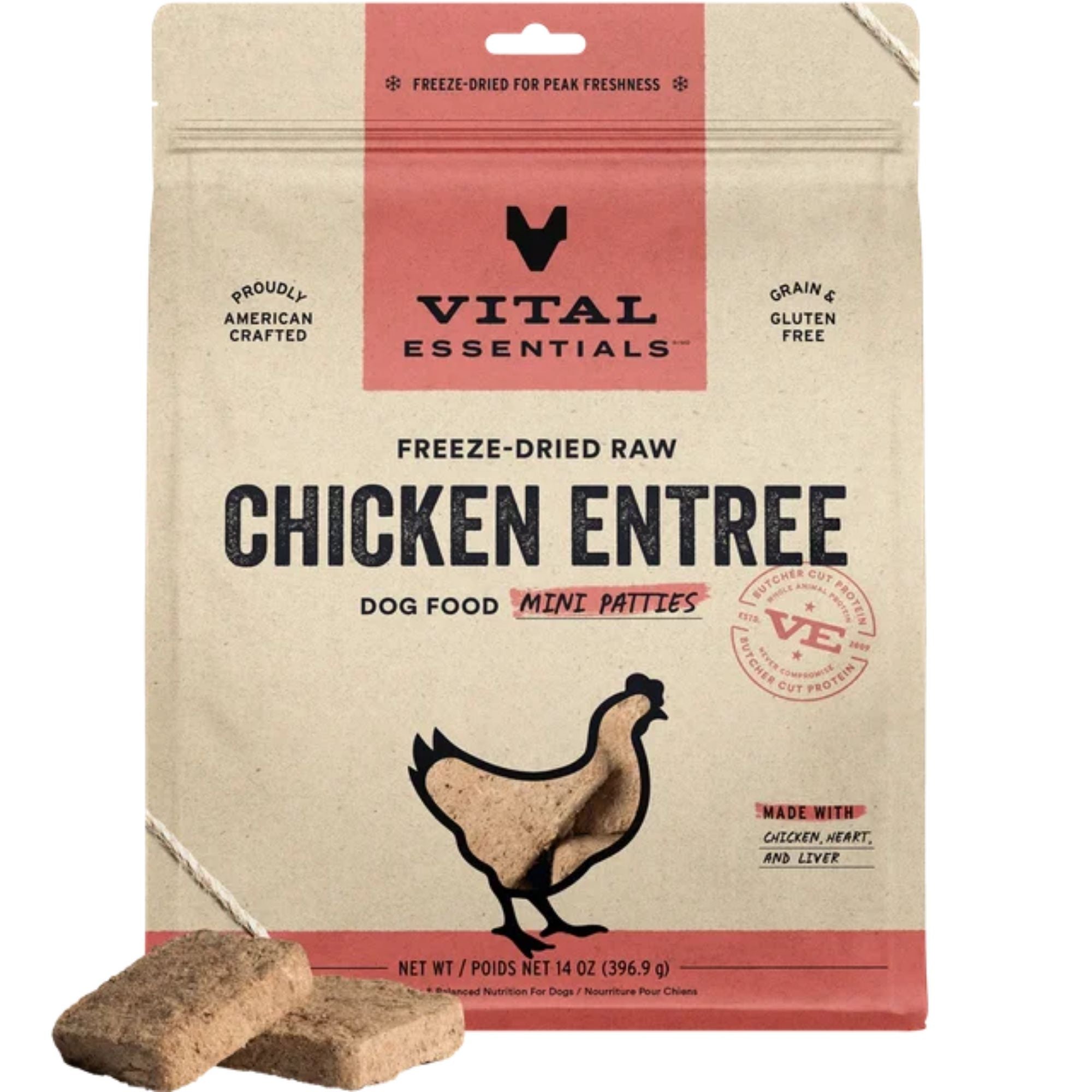 Vital Essentials Dog Freeze-Dried Raw Grain Free Chicken Entree Mini Patties 14oz.