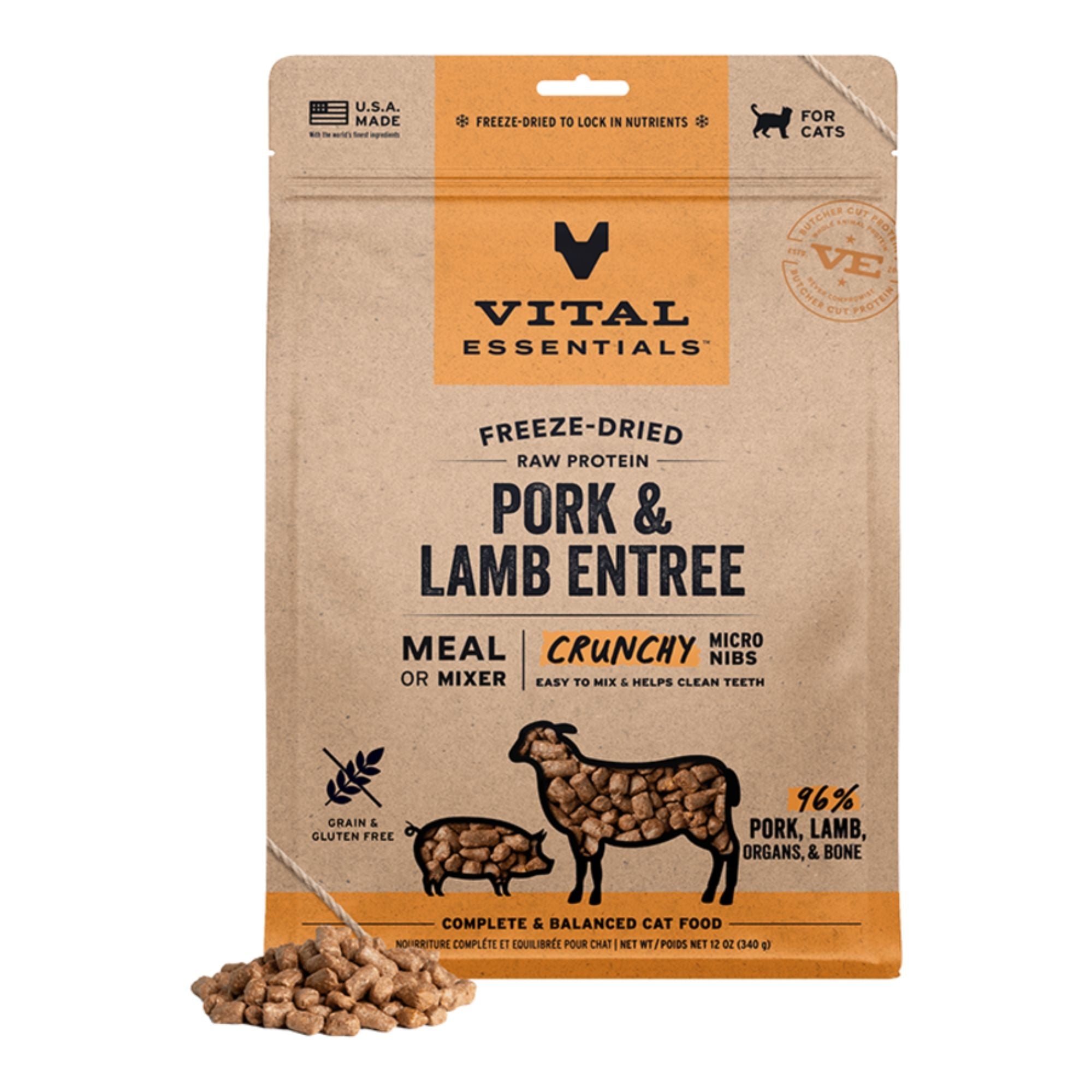 Vital Essentials Cat Freeze-Dried Raw Micro Nibs Pork & Lamb Entree 12oz.