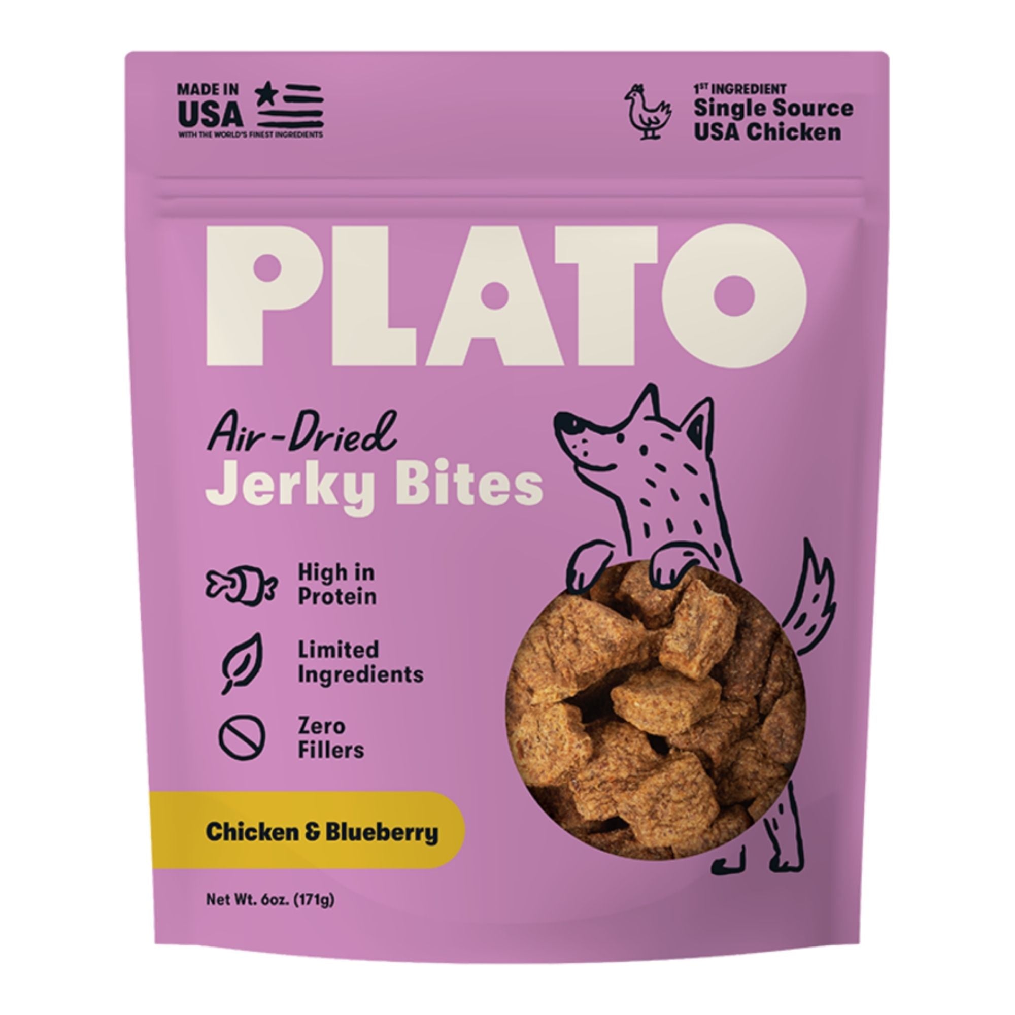 Plato Dog Jerky Bites Chicken With Blueberry 6oz.