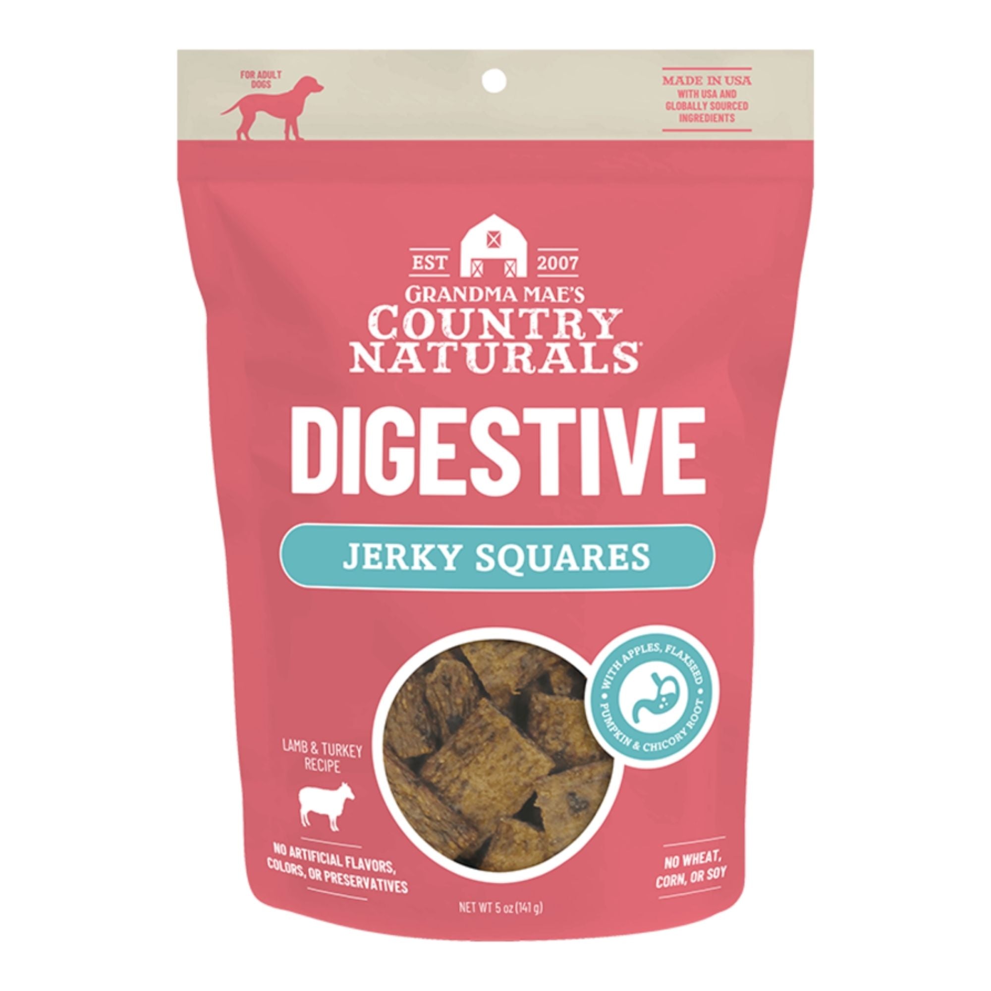Grandma Mae's Country Naturals Dog Jerky Squares - Digestive Support - Lamb & Turkey 5oz.