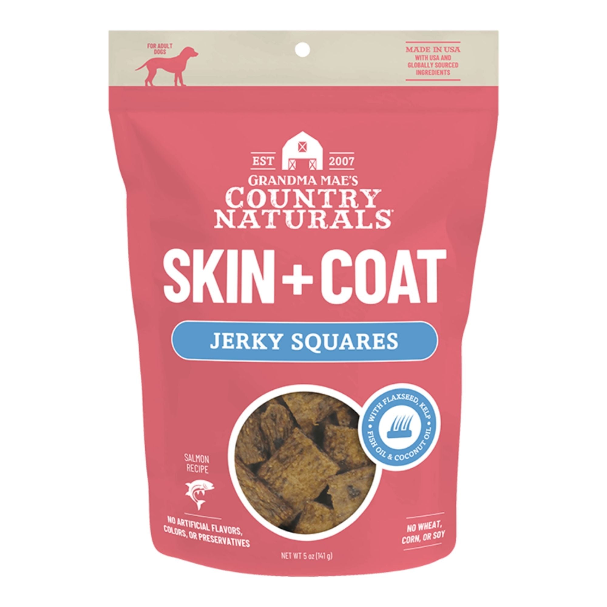 Grandma Mae's Country Naturals Dog Jerky Squares - Skin & Coat Support - Salmon 5oz.