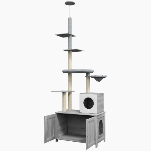 PawHut Cat Tree With Litter Box Enclosure, 2 In 1 Floor To Ceiling Cat Tower Litter Box Furniture With Condo, Bed, Hammock, Scratching Posts, And Platforms For Indoor Use, Gray