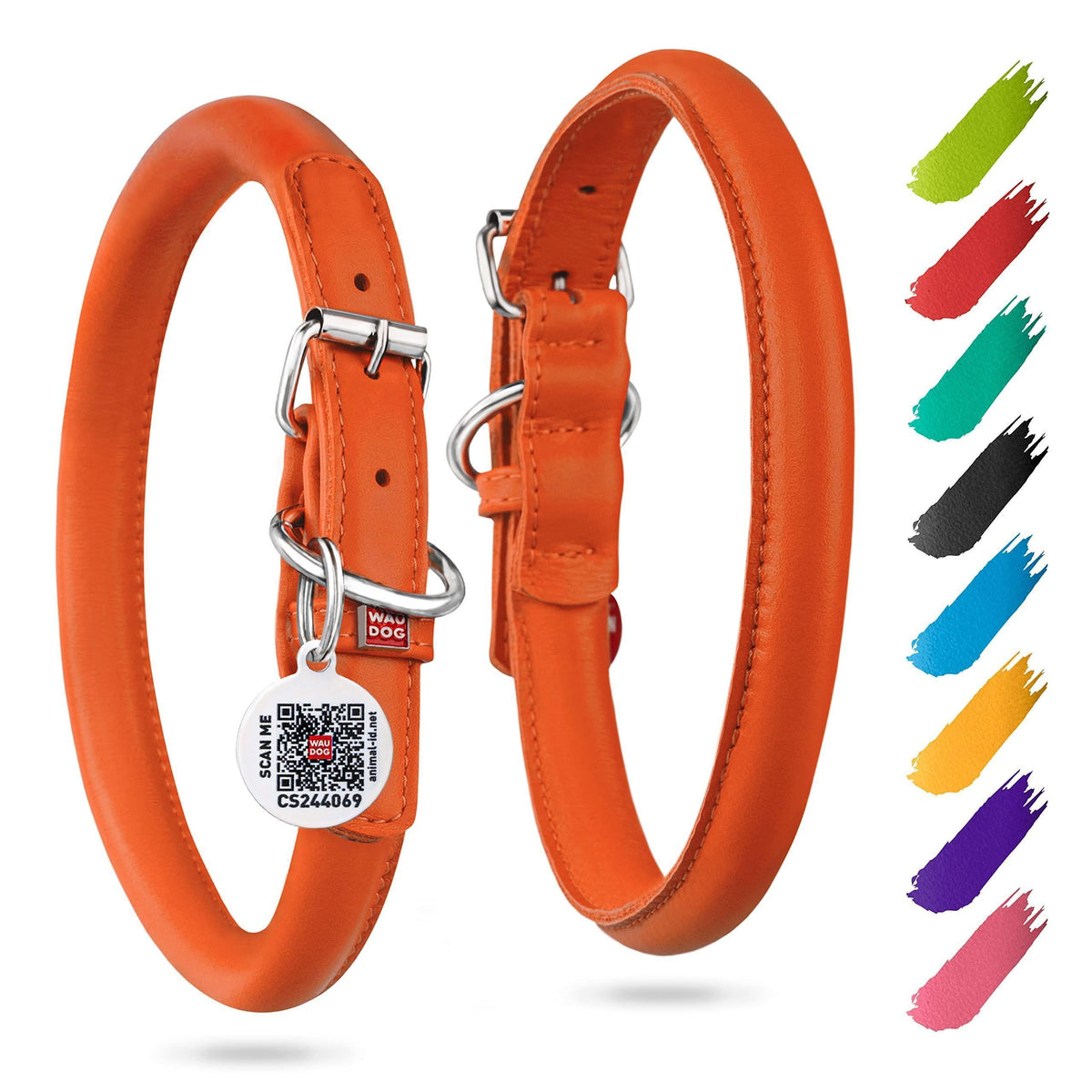 Rolled Leather Dog Collar XSmall Dogs 8–10 in Neck Orange