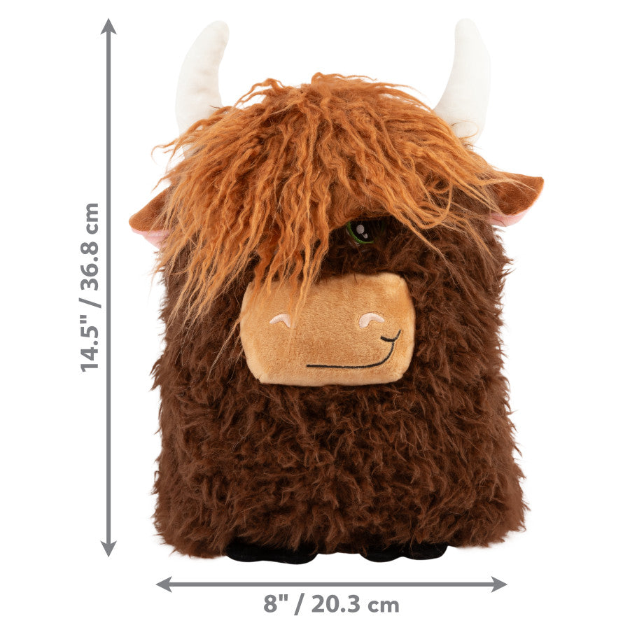 Plush toy yak with dimensions indicated on a white background