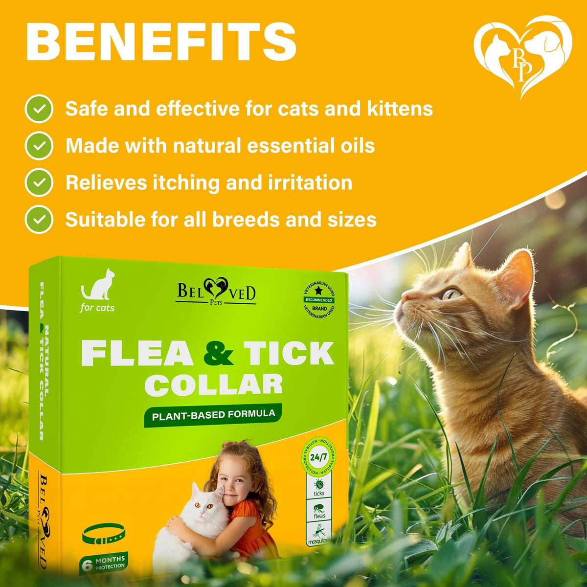 Flea & Tick Collar for Cats 6-Month Protection Essential Oil Repellent 1 Pack