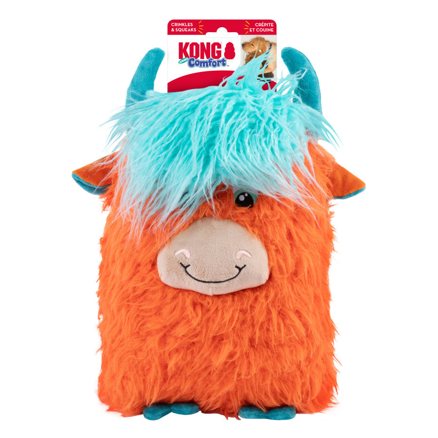 Plush toy with orange body and blue hair on a white background, featuring KONG branding.